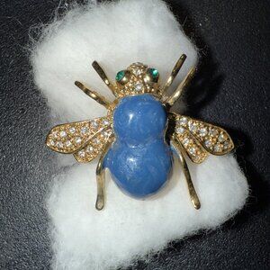 Bee Gold Brooch Pin Turquoise Blue Enamel Green Rhinestones Eyes Vintage